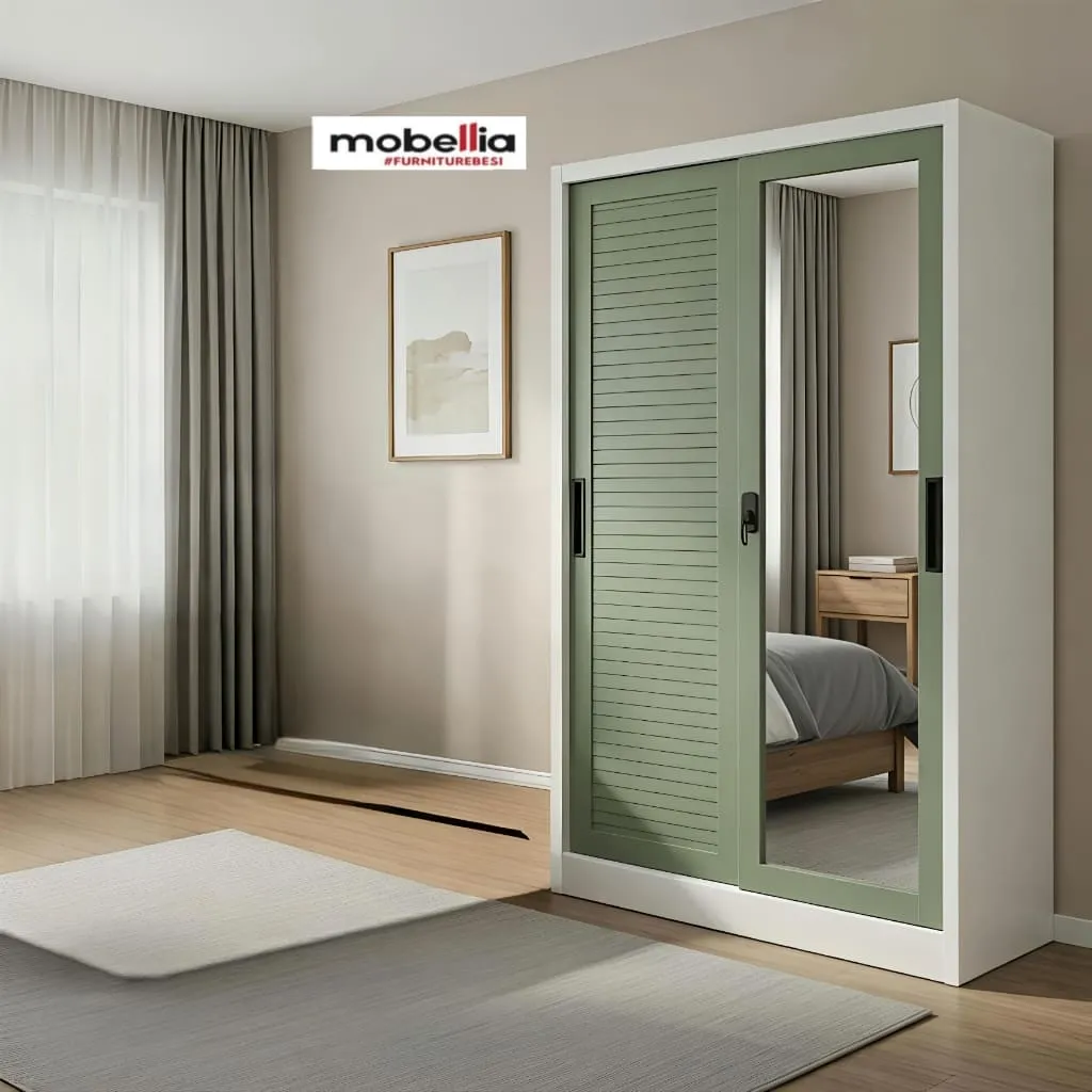 Lemari Pakaian Besi Minimalis 2 Pintu Sliding dengan Cermin Full Body - WB 301 CG