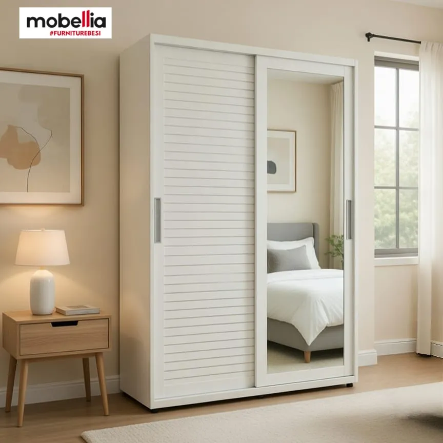 Lemari Pakaian Besi Minimalis 2 Pintu Sliding dengan Cermin Full Body - WB 301 C