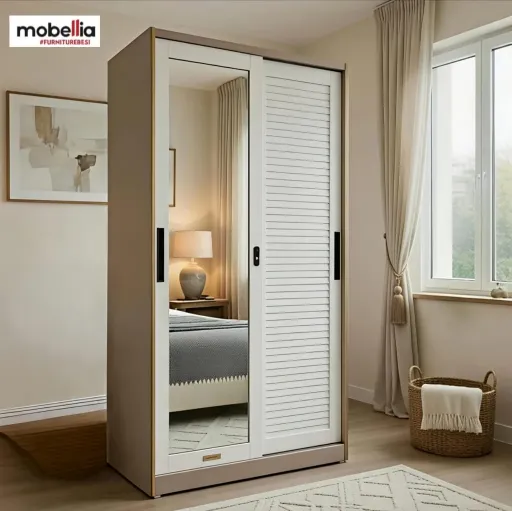 Lemari Pakaian Besi Minimalis 2 Pintu Sliding dengan Cermin Full Body - WB 301 LC
