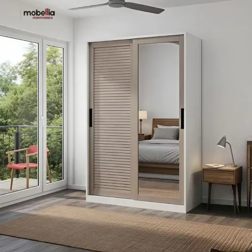 Lemari Pakaian Besi Minimalis 2 Pintu Sliding dengan Cermin Full Body - WB 301 CL